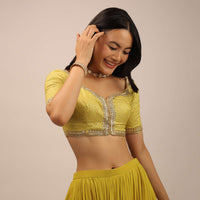 Yellow Brocade Blouse With Front Hook Closure, Half Sleeves And Gotta Patti Embroidery