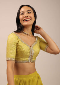 Yellow Brocade Blouse With Front Hook Closure, Half Sleeves And Gotta Patti Embroidery