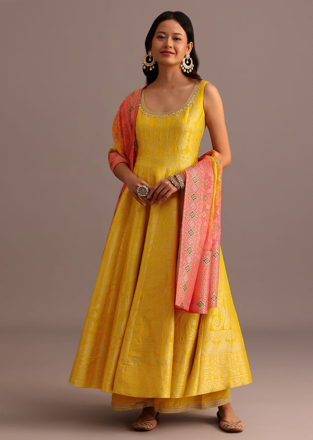 Yellow Brocade Weave Anarkali Set With Dupatta