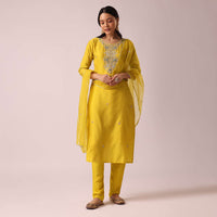 Yellow Chanderi Kurta Set with Organza Dupatta