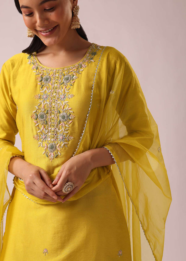 Yellow Chanderi Kurta Set with Organza Dupatta