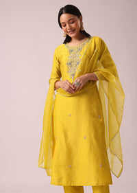 Yellow Chanderi Kurta Set with Organza Dupatta