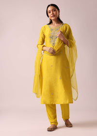 Yellow Chanderi Kurta Set with Organza Dupatta