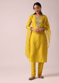 Yellow Chanderi Kurta Set with Organza Dupatta