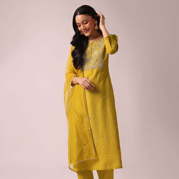 Yellow Chanderi Kurta And Pant Set