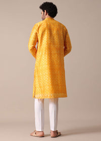 Yellow Chanderi Silk Print Kurta Set For Men
