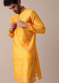 Yellow Chanderi Silk Print Kurta Set For Men