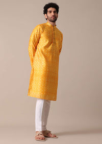 Yellow Chanderi Silk Print Kurta Set For Men