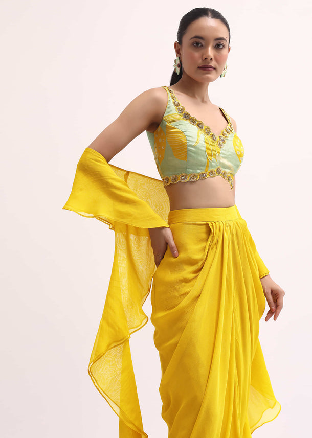 Yellow Chiffon Crop Top And Skirt Set