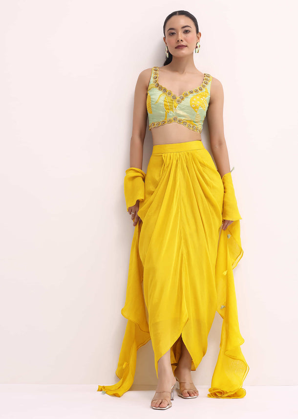 Yellow Chiffon Crop Top And Skirt Set