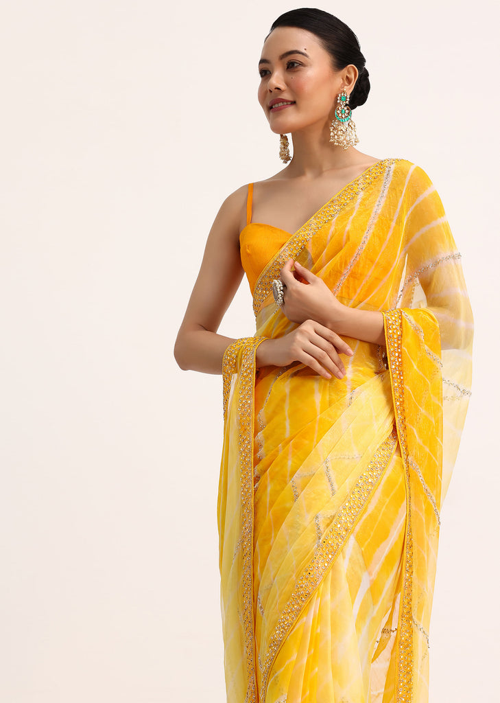Yellow Chiffon Leheriya Tie Dye Saree With Unstitched Blouse