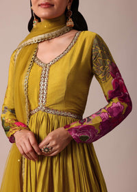 Yellow Chiffon Printed Anarkali With Dupatta