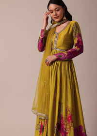 Yellow Chiffon Printed Anarkali With Dupatta