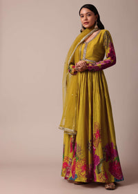 Yellow Chiffon Printed Anarkali With Dupatta