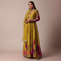 Yellow Chiffon Printed Anarkali With Dupatta