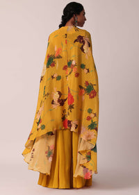 Yellow Chiffon Printed Crop Top And Jacket Set