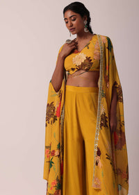 Yellow Chiffon Printed Crop Top And Jacket Set