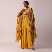 Yellow Chiffon Printed Crop Top And Jacket Set