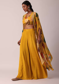 Yellow Chiffon Printed Crop Top And Jacket Set