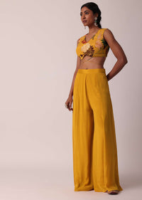 Yellow Chiffon Printed Crop Top And Jacket Set