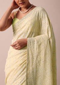 Yellow Chikankari Lucknowi Saree And Unstitched Blouse Piece