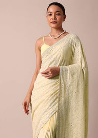 Yellow Chikankari Lucknowi Saree And Unstitched Blouse Piece