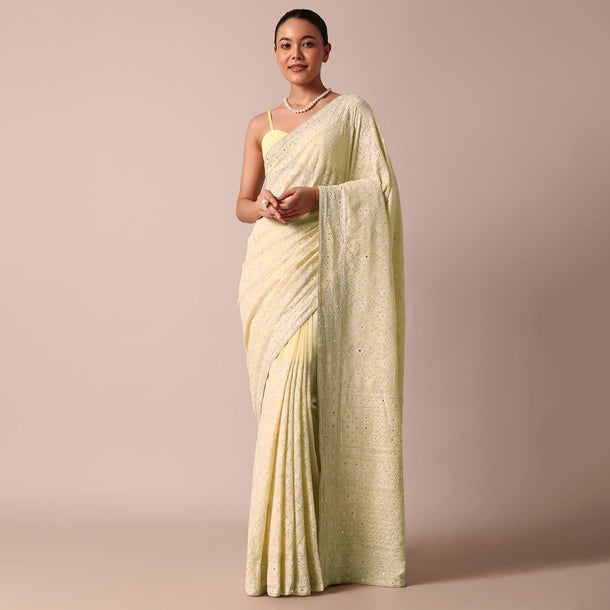 Yellow Chikankari Lucknowi Saree And Unstitched Blouse Piece