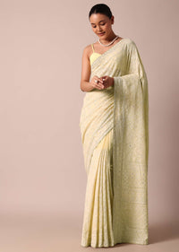 Yellow Chikankari Lucknowi Saree And Unstitched Blouse Piece