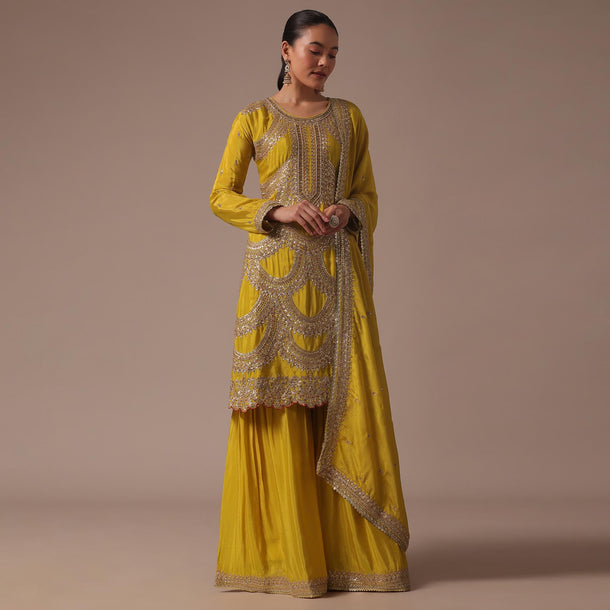 Yellow Chinon Kurta Sharara And Dupatta