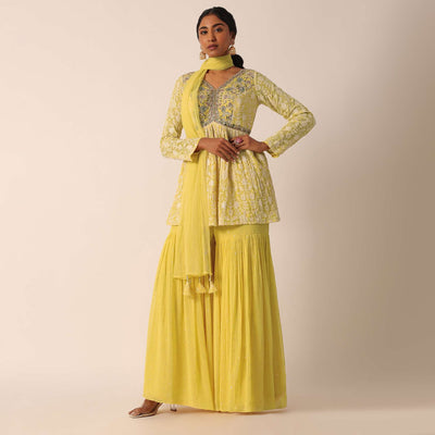 Yellow Chinon Peplum Top And Sharara Set With Lucknowi Embroidery