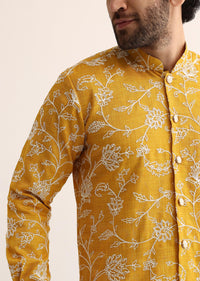 Yellow Cotton Silk Embroidered Kurta Set For Men