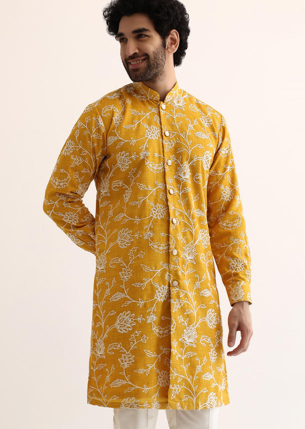 Yellow Cotton Silk Embroidered Kurta Set For Men