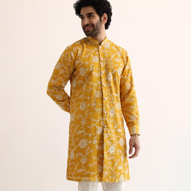 Yellow Cotton Silk Embroidered Kurta Set For Men