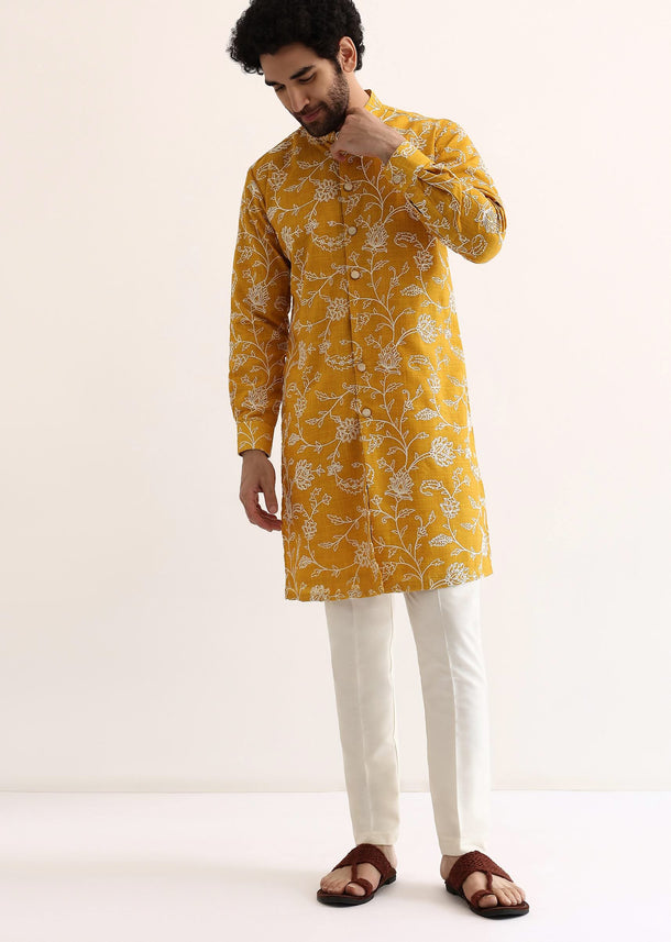 Yellow Cotton Silk Embroidered Kurta Set For Men