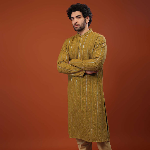 Yellow Cotton Silk Kurta Set With Sequins And Threadwork