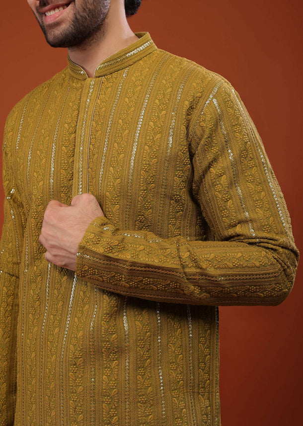 Yellow Cotton Silk Kurta Set With Sequins And Threadwork