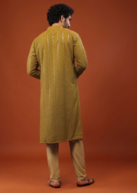 Yellow Cotton Silk Kurta Set With Sequins And Threadwork