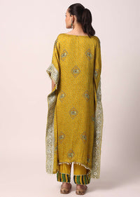 Yellow Crepe Pant Set With Gota Work Kaftan Kurta