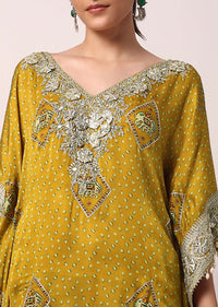 Yellow Crepe Pant Set With Gota Work Kaftan Kurta