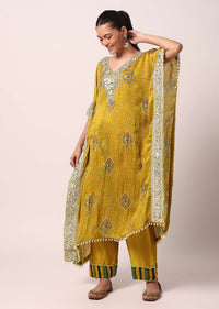 Yellow Crepe Pant Set With Gota Work Kaftan Kurta