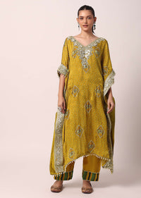 Yellow Crepe Pant Set With Gota Work Kaftan Kurta