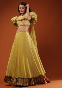 Yellow Crush Lehenga And A Crop Top In Moti Embroidery, Crop Top Comes In Balloon Sleeves Till The Yoke