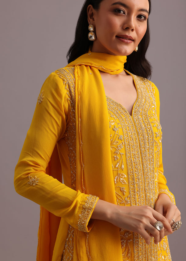 Yellow Cutdana Kurti Palazzo Suit With Dupatta