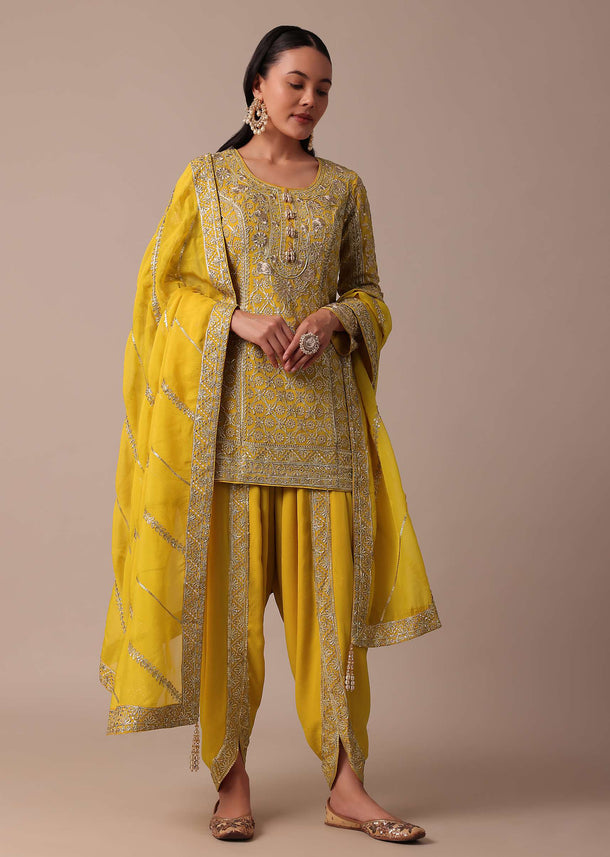 Yellow Dhoti Set With Gota Patti Work Kurta