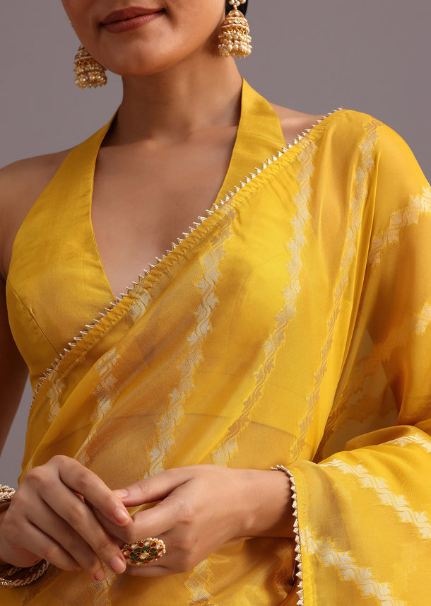 Yellow Dola Silk Leheriya Woven Saree With Gotta Patti Border