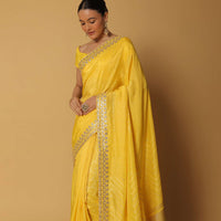 Yellow Dola Silk Saree With Gota Work And Unstitched Blouse Fabric