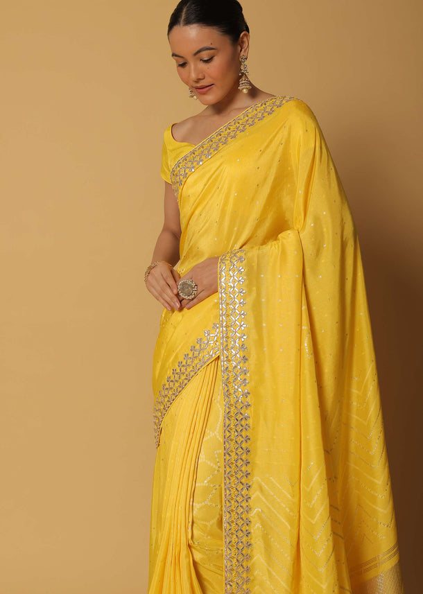 Yellow Dola Silk Saree With Gota Work And Unstitched Blouse Fabric