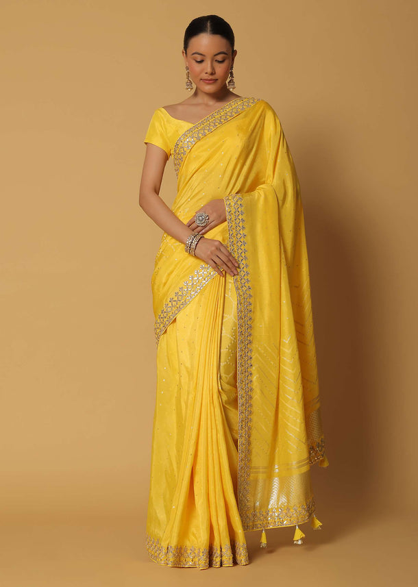 Yellow Dola Silk Saree With Gota Work And Unstitched Blouse Fabric
