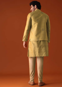 Yellow Dupion Jacket Kurta Set With Golden Floral Motifs