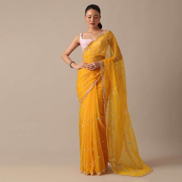 Yellow Embellished Organza Saree With Unstitched Blouse Piece